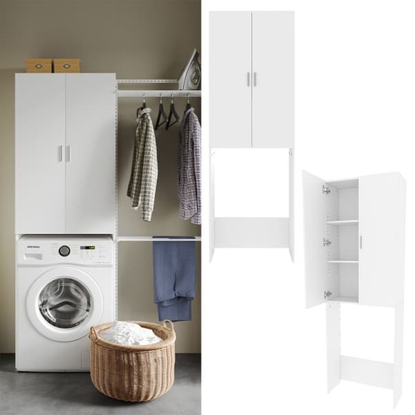 Tvättmaskinsmöbel Martha, 64x190cm med 2 långa dörrar, Vit, Vit, Vicco