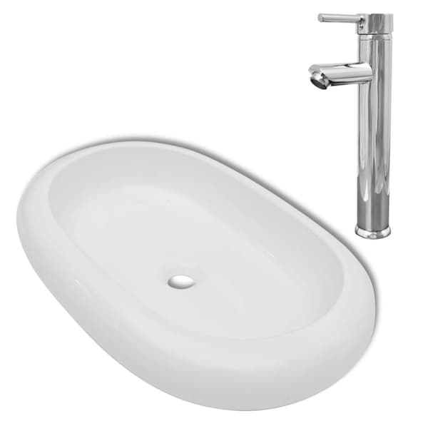 Handfat med blandare keramik oval vit