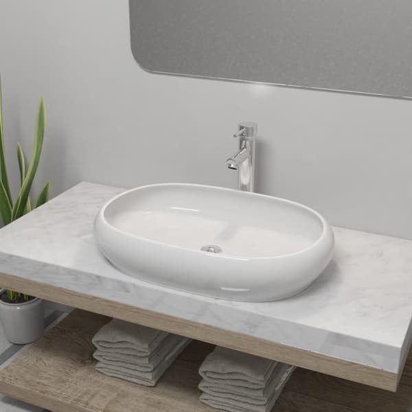 Handfat med blandare keramik oval vit