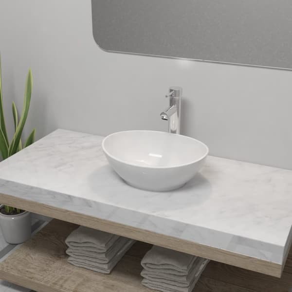 Handfat med blandare keramik oval vit