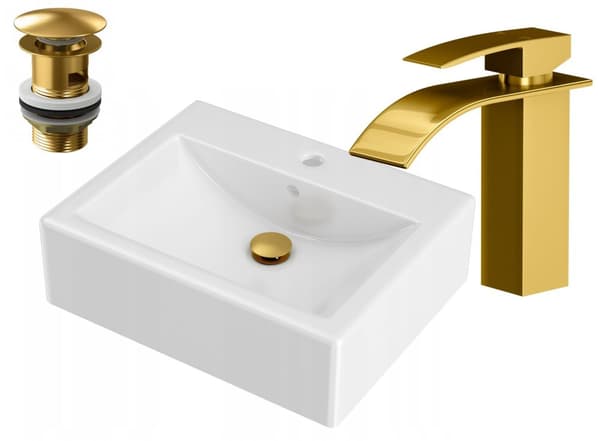 KERAMISK VASK + ARMATUR + PROP ZÆTSET guld