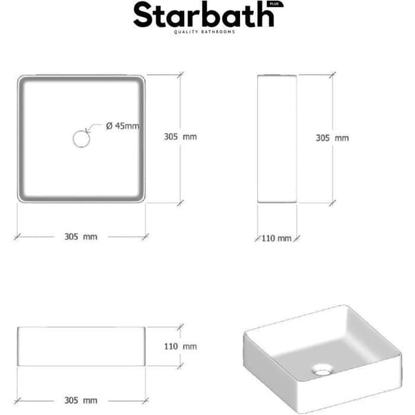 Starbath Plus - Vitt keramiskt tvättställ - Rektangulär form - Mått 31 x 31 x 11 cm