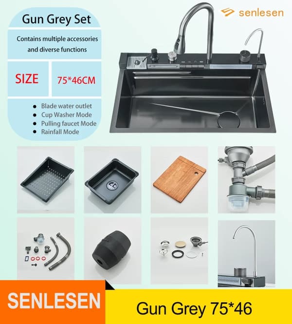 Köksblandare Set, Integrerad Kran, 4 Funktionslägen,Gun Grå 75cm