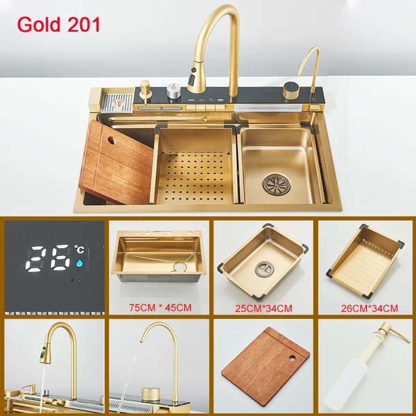 Multifunktionel Køkkenvask, Moderne Design, Rustfrit Stål Konstruktion,Guld 201