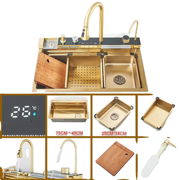 Multifunktionel Køkkenvask, Moderne Design, Rustfrit Stål Konstruktion,Guld 201