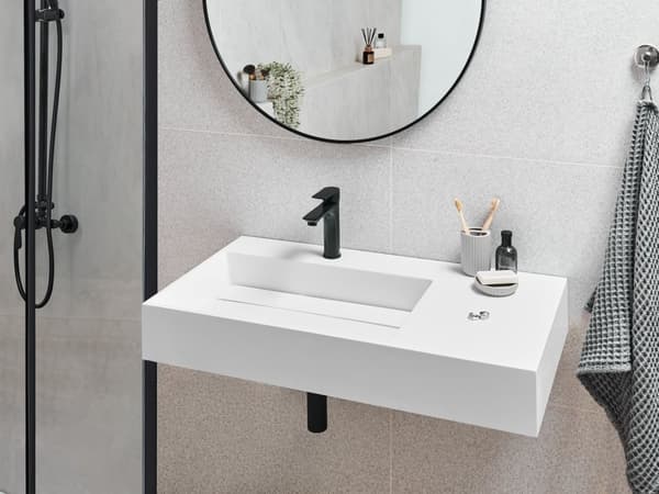 Badeværelseshåndvask hvid mat støbt mineral 90 x 48 cm rektangulær
