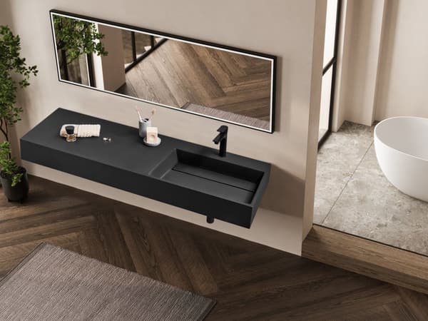 Badeværelseshåndvask sort mat støbt mineral 150 x 48 cm rektangulær