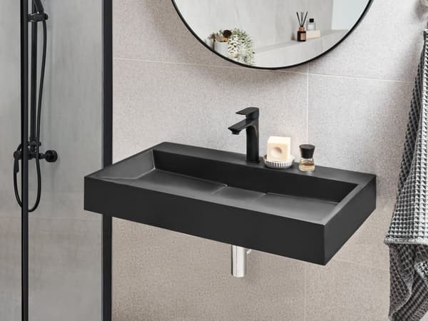 Vegghengt servant Svart Mineralstøpt 80 x 46 cm Matt finish Rektangulær form Moderne design Baderom Vask