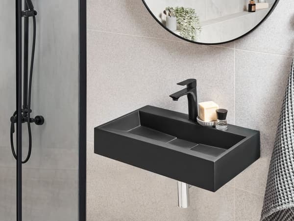 Vegghengt servant Svart Mineralstøpt 60 x 38 cm Matt finish Rektangulær form Moderne design Baderom Vask
