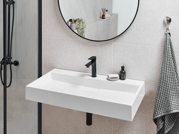 Vegghengt servant Hvit Mineralstøpt 90 x 46 cm Matt finish Rektangulær form Moderne design Baderom Vask
