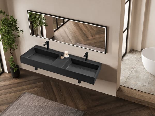Dobbelt Servant Svart Matt Finish Mineralstøpt 120 x 48 cm Rektangulær Baderomsvask