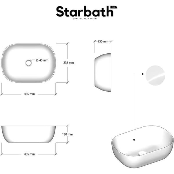 Starbath Plus - Vitt keramiskt tvättställ - Oval form - Mått 45,5 x 32,5 x 14 cm