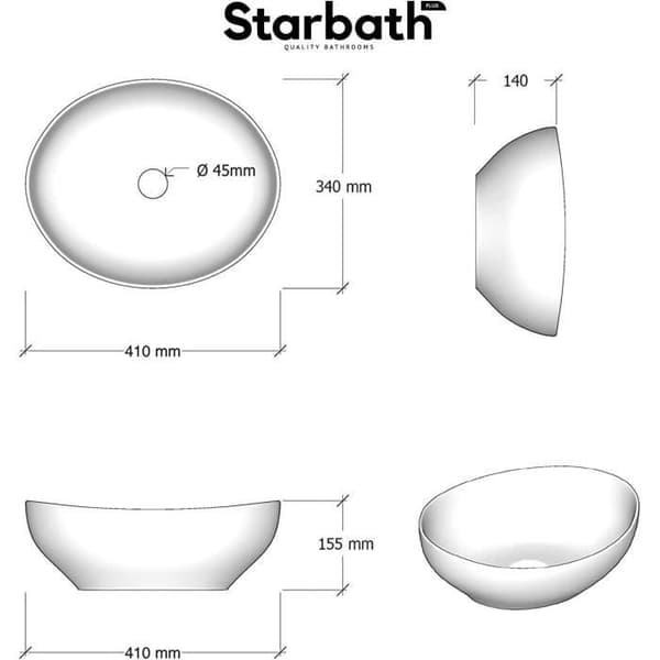 Starbath Plus - Vit keramiskt handfat - Oval form - Mått 41 x 33 x 15 cm