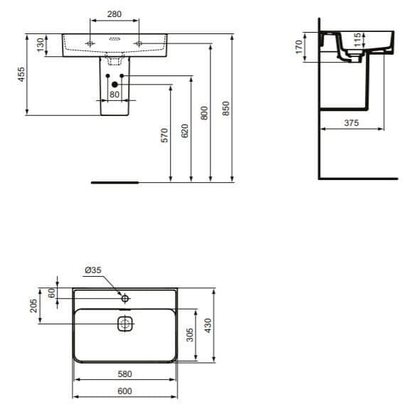 Ideal Standard Strada II Tvättställ 600x430 mm vit, 1 kranhål, porslinsavfallslock ingår, oslipad (T300001)
