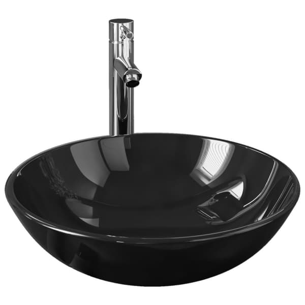 Handfat med kran och tryckavlopp svart härdat glas