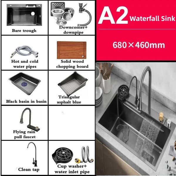 Vandfald Køkkenvask, Enkelt Skål Design, Premium Rustfrit Stål,680x460-A2