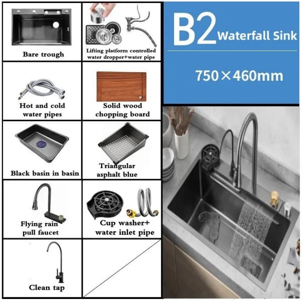Vandfald Køkkenvask, Enkelt Skål Design, Premium Rustfrit Stål,750x460-B2