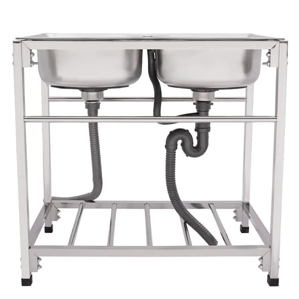 Rostfritt Stål Kommersiell Kökssink, Dubbel Skål Design, Justerbar Höjd, Extra Förvaring