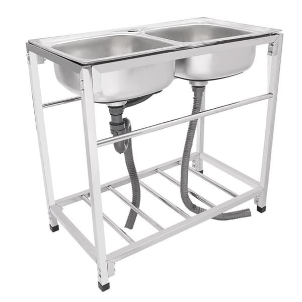 Rostfritt Stål Kommersiell Kökssink, Dubbel Skål Design, Justerbar Höjd, Extra Förvaring