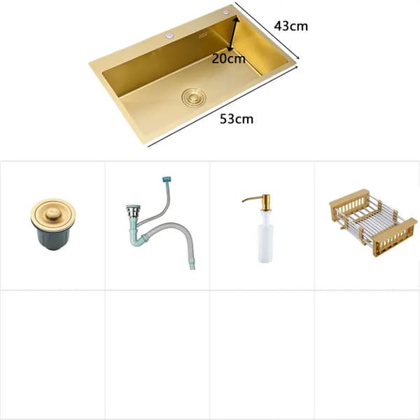 Guld Køkkenvask, Enkelt Skål, Over Bordplade, Rektangulær,53x43 A