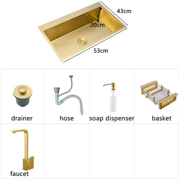 Guld Køkkenvask, Enkelt Skål, Over Bordplade, Rektangulær,53x43 C