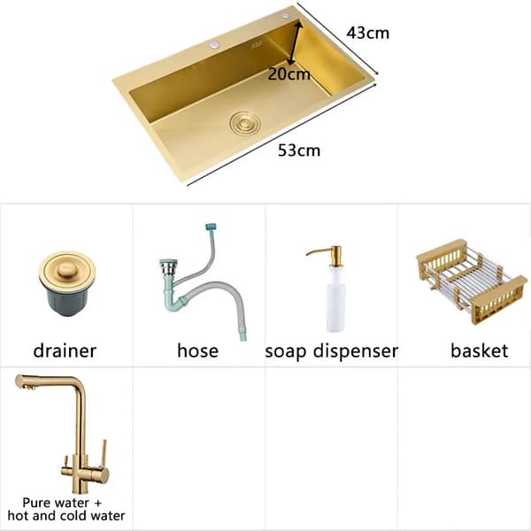Guld Køkkenvask, Enkelt Skål, Over Bordplade, Rektangulær,53x43 F