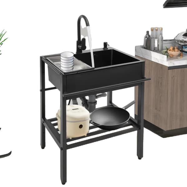 Rustfrit Stål Vask, Enkelt Skål Design, 360° Vandhane Rotation, Justerbare Fodpuder