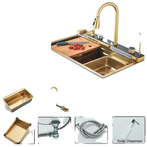 Køkkenvask med digitalt displayarmatur, rustfrit stål, enkelt skål 75 x 45 CM,LED Guld 4 Knapper