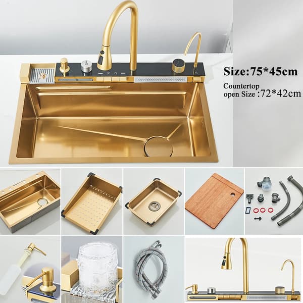 Børstet Guld Køkkenvask, Rummelig Enkelt Skål, Holdbart Rustfrit Stål Design,Børstet Guld 75X45