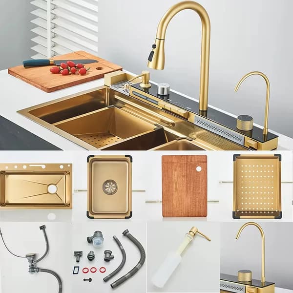 Multifunktionel Køkkenvask, Rustfrit Stål, Enkel Skål Design,Børstet Guld