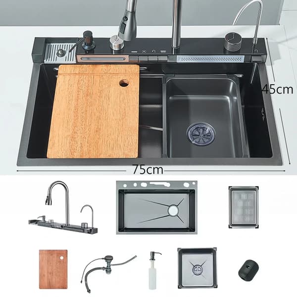 Integreret Køkkenvask Sæt, Børstet Gylden Finish, Dobbelt Skåldesign, Holdbart Rustfrit Stål,Matte Black = Mat Sort