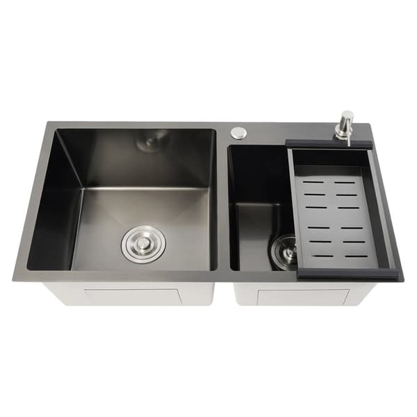 Dobbelt vask, 304 rustfrit stål, sæbedispenser, moderne design,Sort