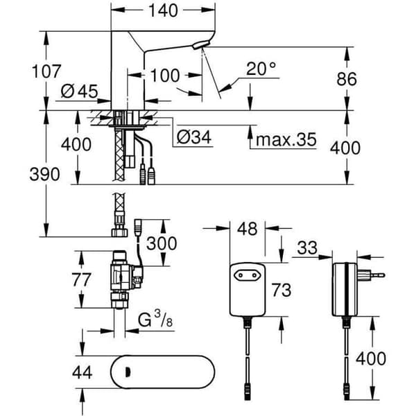 GROHE Euroeco Cosmopolitan E tvättställskran 36269000 - Infraröd - 7 program - Elektrisk - Monofluid - Vattensparande - Krom