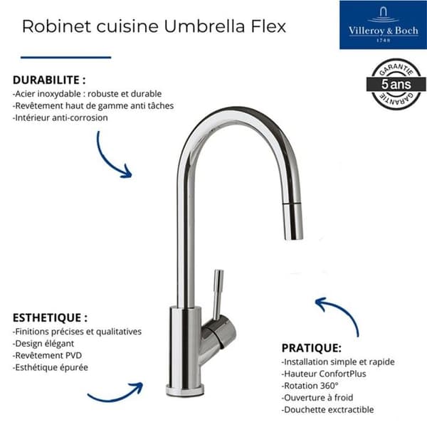 Köksblandare - Villeroy &amp; Boch - UMBRELLA FLEX - Matt guldrostfritt stål - Utdragbar dusch - 360° svängning
