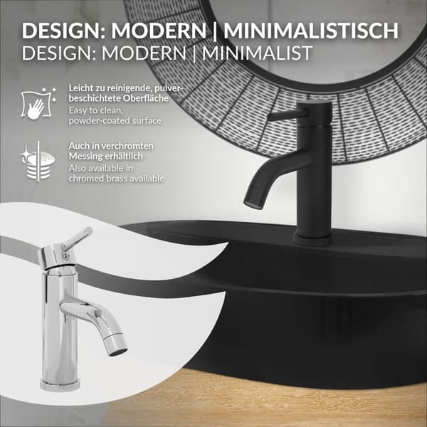 LuxeBath Wasserhahn Bad klein; Waschtischarmatur für Badezimmer; Schwarz; aus Messing; Rund; Mischbatterie für Heißes und Kaltes Wasser;