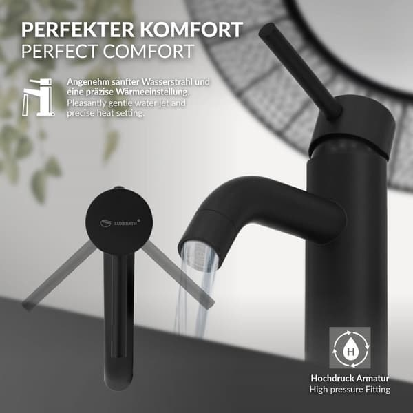 LuxeBath Wasserhahn Bad klein; Waschtischarmatur für Badezimmer; Schwarz; aus Messing; Rund; Mischbatterie für Heißes und Kaltes Wasser;