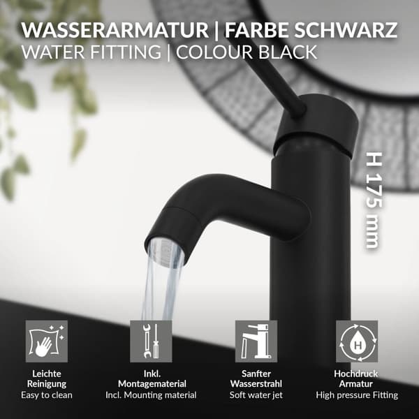 LuxeBath Wasserhahn Bad klein; Waschtischarmatur für Badezimmer; Schwarz; aus Messing; Rund; Mischbatterie für Heißes und Kaltes Wasser;