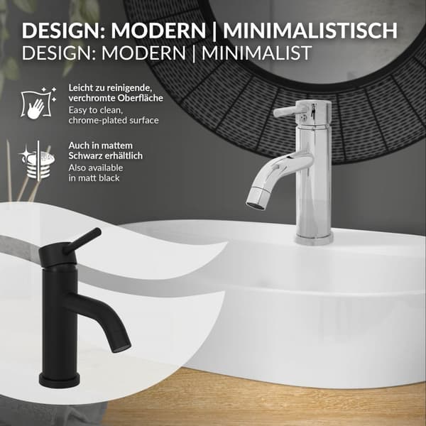 LuxeBath Badeværelsesarmatur; lille størrelse; krom; messing; rund; blander til varmt og koldt vand; enkeltgrebsblander med trækstang; håndvaskarmatur