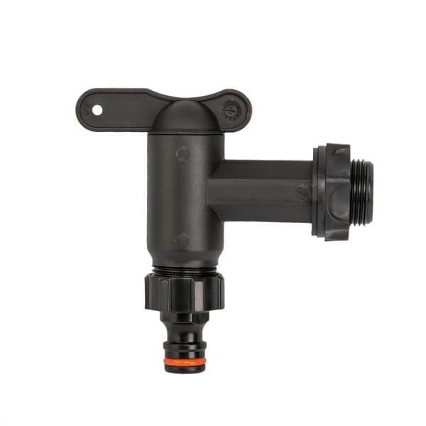 Set med 10 produkter. PP kran med GZ 3/4" innløp, GZ 3/4" uttak + nippel - svart