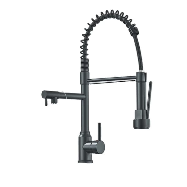 Køkkenvaskarmatur, Rustfrit Stål, Træk Ned Funktion, Dobbelt Tud Dækmonteret, Chrome A1 Matte Black A