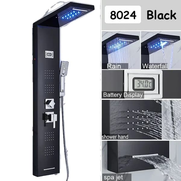 LED Brusekolonne Hane, Luksus Design, SPA Massage Jets, Sort 8024 Black 8024