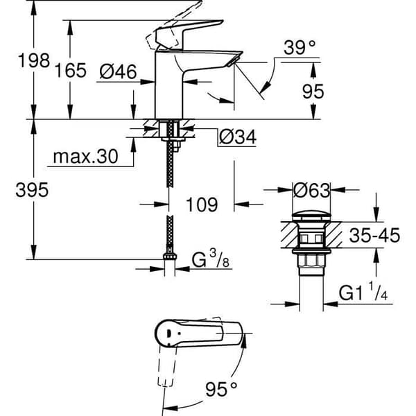 GROHE QUICKFIX Start engrepps tvättställsblandare - vattenbesparing - klick-klack avfall ingår - storlek S
