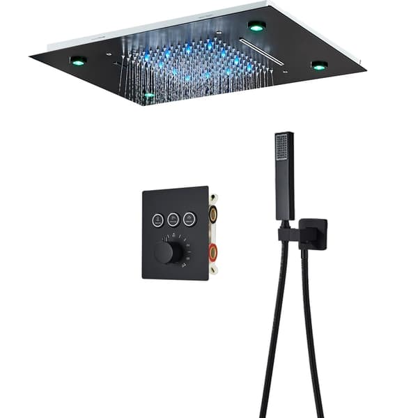LED Regnbruserhane, Termostatisk Kontrol, 36*50cm Messing Bruserhoved,Børstet Guld Sæt