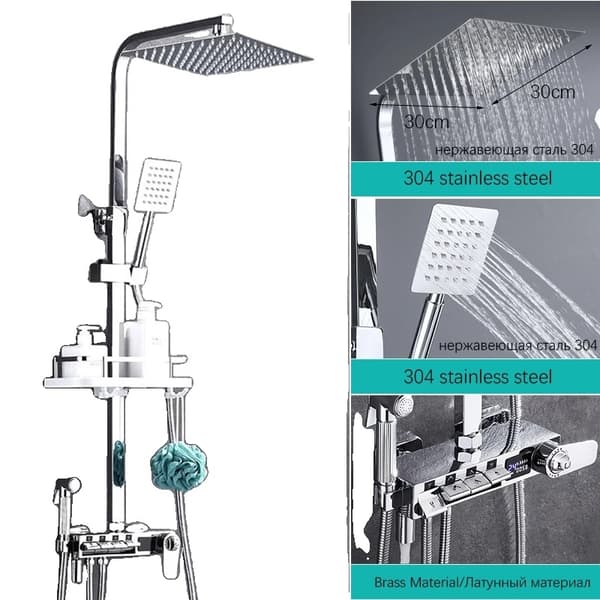 Termostatisk brusesystem, justerbar højde skydestang, holdbar konstruktion i messing og ABS,Chrome-ABS Chrome-12Inch