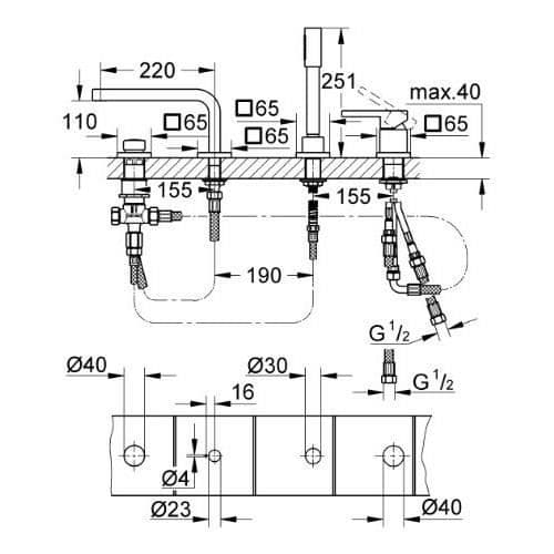Blandad Monomando Badkar - Grohe - Lineare - 4 Hål - Grå - Messing