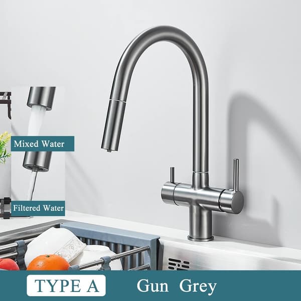 Filtered Kitchen Faucet, Retractable Spout, Dual Handle Design,Våbengrå