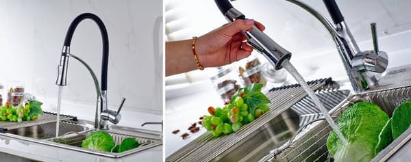 Moderne Krom & Sort Køkkenvandhane med Fjernbar Vandstråle og Indbygget Aerator