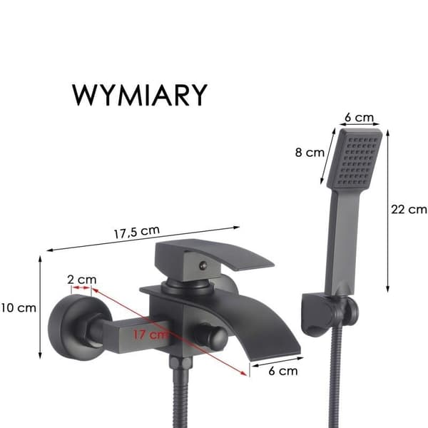 Musta seinään asennettava kylpyhuoneen hana ja suihkusarja antikalssisuihkulla, 150 cm letku, helppo DIY-asennus