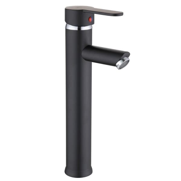 Moderne sort badeværelseshane med krom detaljer, 31 cm høj, vandbesparende design