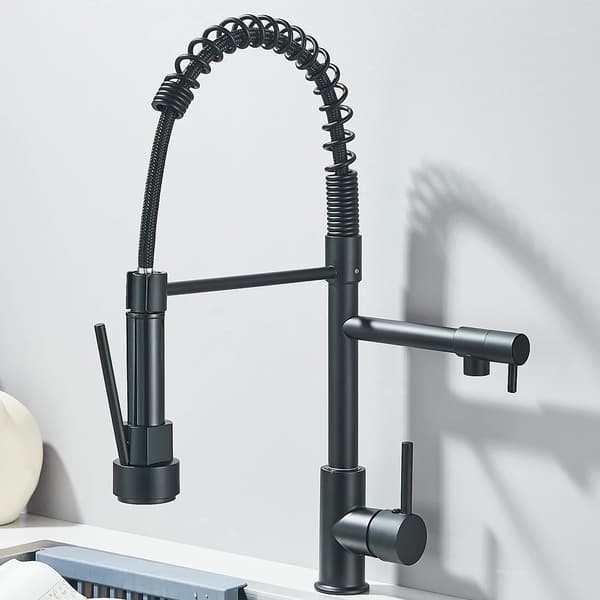 Forår Køkkenvaskarmatur, 360 Grad Rotation, Utrækbar Spray,Matt Black in Danish is "Mat sort".